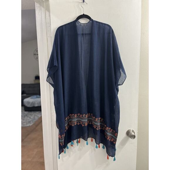 Womens Kimono One Size Blue Orange Embroidered Tackles Boho Art To Wear - Picture 2 of 9